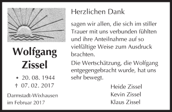 Traueranzeige von Wolfgang Zissel von Trauerportal Echo Online