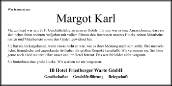 Traueranzeige von Margot Karl von Trauerportal Rhein Main Presse