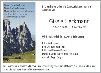 Traueranzeige von Gisela Heckmann von Trauerportal Echo Online