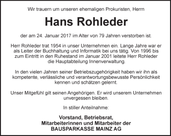 Traueranzeige von Hans Rohleder von Trauerportal Rhein Main Presse