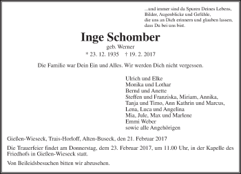 Traueranzeige von Inge Schomber von  Gießener Anzeiger