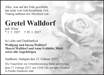 Traueranzeige von Gretel Walldorf von Trauerportal Rhein Main Presse
