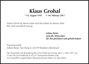 Traueranzeige von Klaus Grohal von Trauerportal Rhein Main Presse