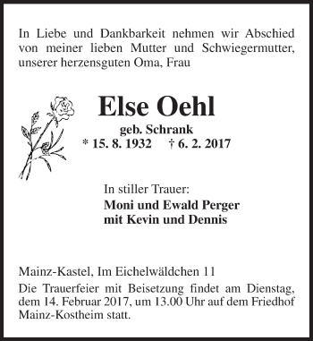 Traueranzeige von Else Oehl von Trauerportal Rhein Main Presse