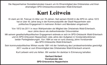 Traueranzeige von Kurt Leitwein von Trauerportal Echo Online