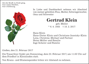 Traueranzeige von Gertrud Klein von  Gießener Anzeiger