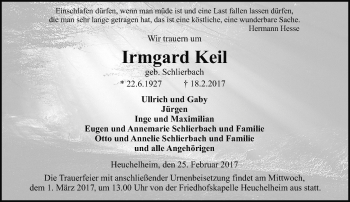 Traueranzeige von Irmgard Keil von  Gießener Anzeiger
