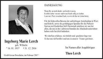 Traueranzeige von Ingeborg Marie Lerch von Trauerportal Echo Online