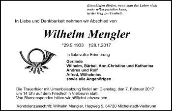 Traueranzeige von Wilhelm Mengler von Trauerportal Echo Online