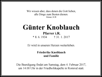 Traueranzeige von Günter Knoblauch von VRM Trauer