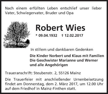 Traueranzeige von Robert Wies von Trauerportal Rhein Main Presse