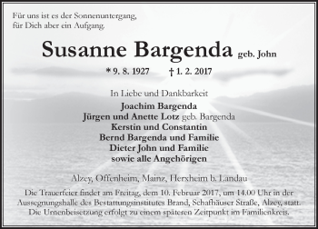 Traueranzeige von Susanne Bargenda von Trauerportal Rhein Main Presse