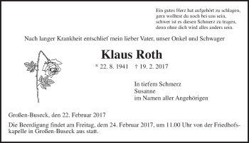 Traueranzeige von Klaus Roth von  Gießener Anzeiger