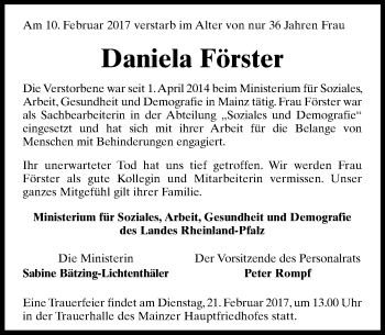 Traueranzeige von Daniela Förster von Trauerportal Rhein Main Presse