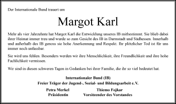 Traueranzeige von Margot Karl von Trauerportal Rhein Main Presse