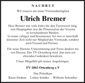 Traueranzeige von Ulrich Bremer von  Kreisanzeiger