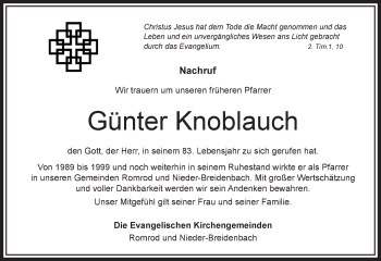Traueranzeige von Günter Knoblauch von VRM Trauer