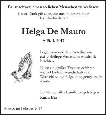 Traueranzeige von Helga De Mauro von Trauerportal Rhein Main Presse