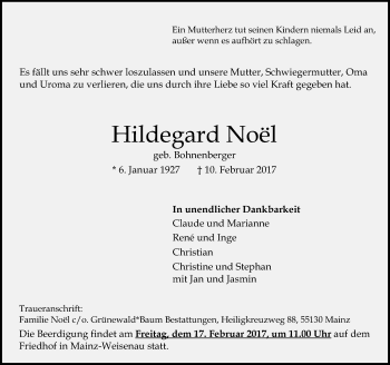 Traueranzeige von Hildegard Noel von Trauerportal Rhein Main Presse
