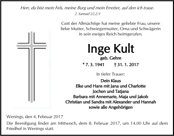 Traueranzeige von Inge Kult von  Kreisanzeiger