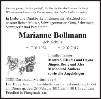 Traueranzeige von Marianne Bollmann von Trauerportal Echo Online