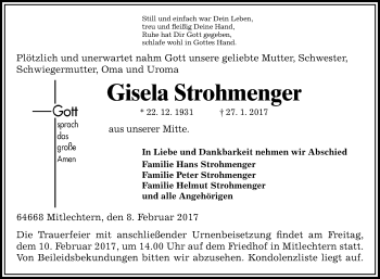 Traueranzeige von Gisela Strohmenger von Trauerportal Echo Online
