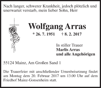 Traueranzeige von Wolfgang Arras von Trauerportal Rhein Main Presse