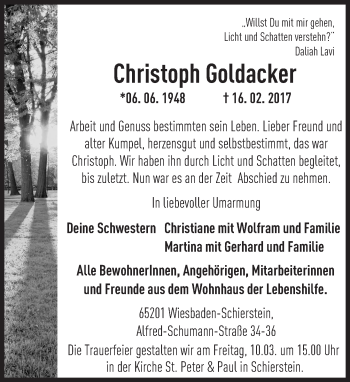 Traueranzeige von Christoph Goldacker von Trauerportal Rhein Main Presse Traueranzeige von Christoph Goldacker von Trauerportal Rhein Main Presse
