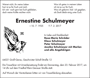Traueranzeige von Ernestine Schulmeyer von Trauerportal Echo Online