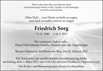 Traueranzeige von Friedrich Sorg von  Gießener Anzeiger