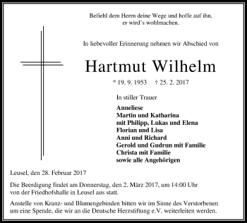 Traueranzeige von Hartmut Wilhelm von VRM Trauer