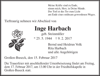 Traueranzeige von Inge Harbach von  Gießener Anzeiger
