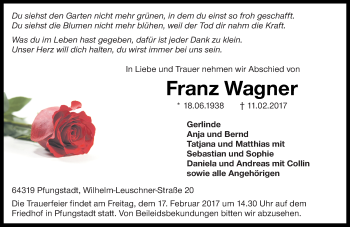 Traueranzeige von Franz Wagner von Trauerportal Echo Online