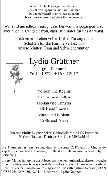 Traueranzeige von Lydia Grüttner von Trauerportal Echo Online