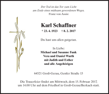 Traueranzeige von Karl Schaffner von Trauerportal Echo Online