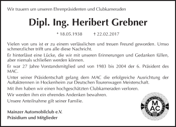 Traueranzeige von Heribert Grebner von Trauerportal Rhein Main Presse