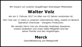 Traueranzeige von Walter Volz von Trauerportal Echo Online