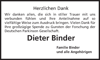 Traueranzeige von Dieter Binder von Trauerportal Rhein Main Presse