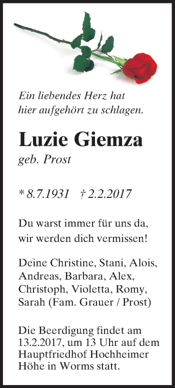 Traueranzeige von Luzie Giemza von Trauerportal Rhein Main Presse