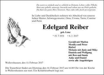 Traueranzeige von Edelgard Reiber von  Kreisanzeiger
