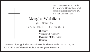 Traueranzeige von Margot Wohlfahrt von Trauerportal Echo Online