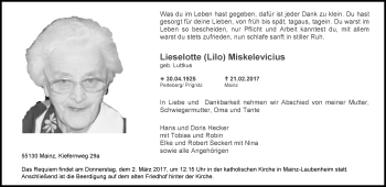 Traueranzeige von Lieselotte Miskelevicius von Trauerportal Rhein Main Presse