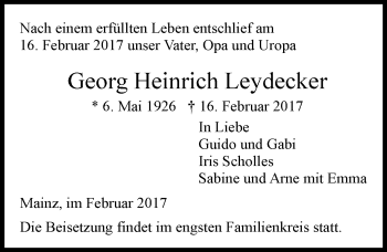 Traueranzeige von Georg Heinrich Leydecker von Trauerportal Rhein Main Presse