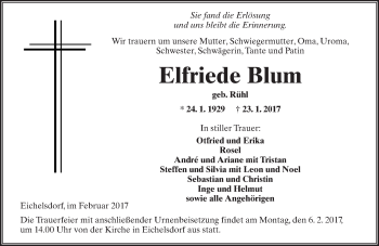 Traueranzeige von Elfriede Blum von  Kreisanzeiger