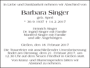 Traueranzeige von Barbara Singer von  Gießener Anzeiger