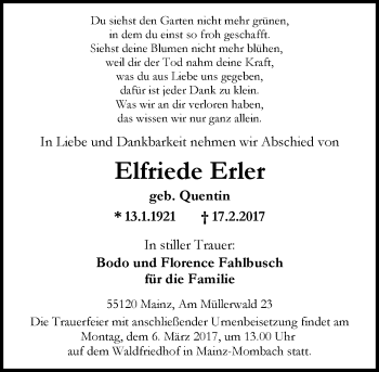 Traueranzeige von Elfriede Erler von Trauerportal Rhein Main Presse