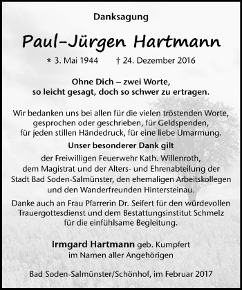 Traueranzeige von Paul-Jürgen Hartmann von  Gelnhäuser Tageblatt