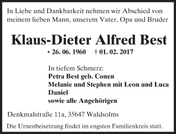 Traueranzeige von Klaus-Dieter Alfred Best von  Usinger Anzeiger