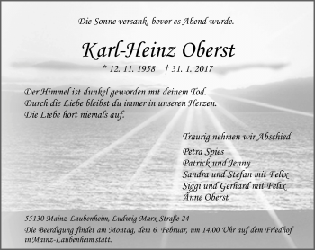 Traueranzeige von Karl-Heinz Oberst von Trauerportal Rhein Main Presse