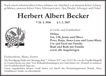 Traueranzeige von Herbert Albert Becker von Trauerportal Rhein Main Presse